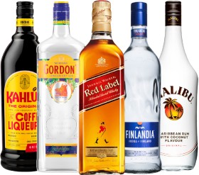 Kahla-Liqueur-1L-Gordons-London-Dry-Gin-1L-Johnnie-Walker-Red-Scotch-Whisky-1L-Finlandia-Vodka-1L-or-Malibu-1L on sale