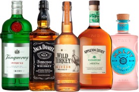 Tanqueray-Gin-Jack-Daniels-Whiskey-Wild-Turkey-Bourbon-Appleton-Estate-Signature-Blend-Rum-1L-or-Malfy-Gin-Range-700ml on sale
